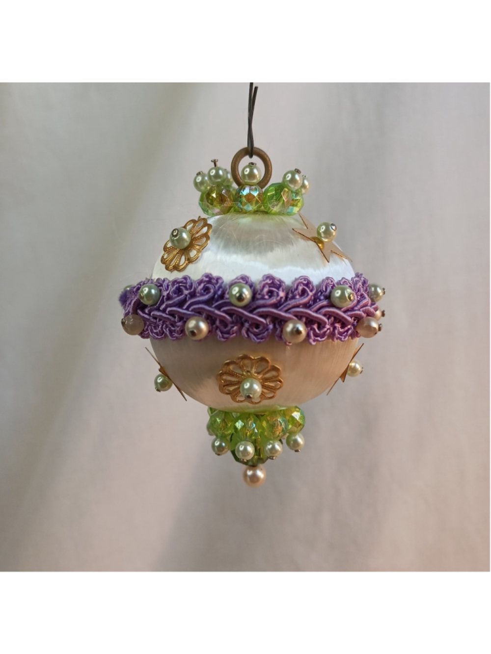 Vintage Purple Green Pushpin Beaded Satin Ball Ornament Granny Core Handmade